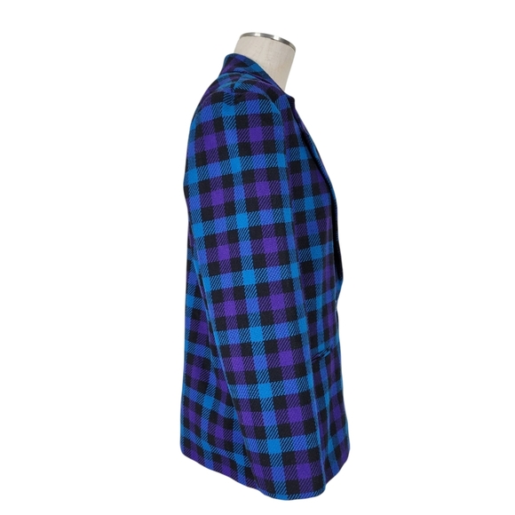 Leslie Fay Blazer Women Size 12 Blue Purple Black Check Pockets Long Wool Blend - Picture 2 of 10